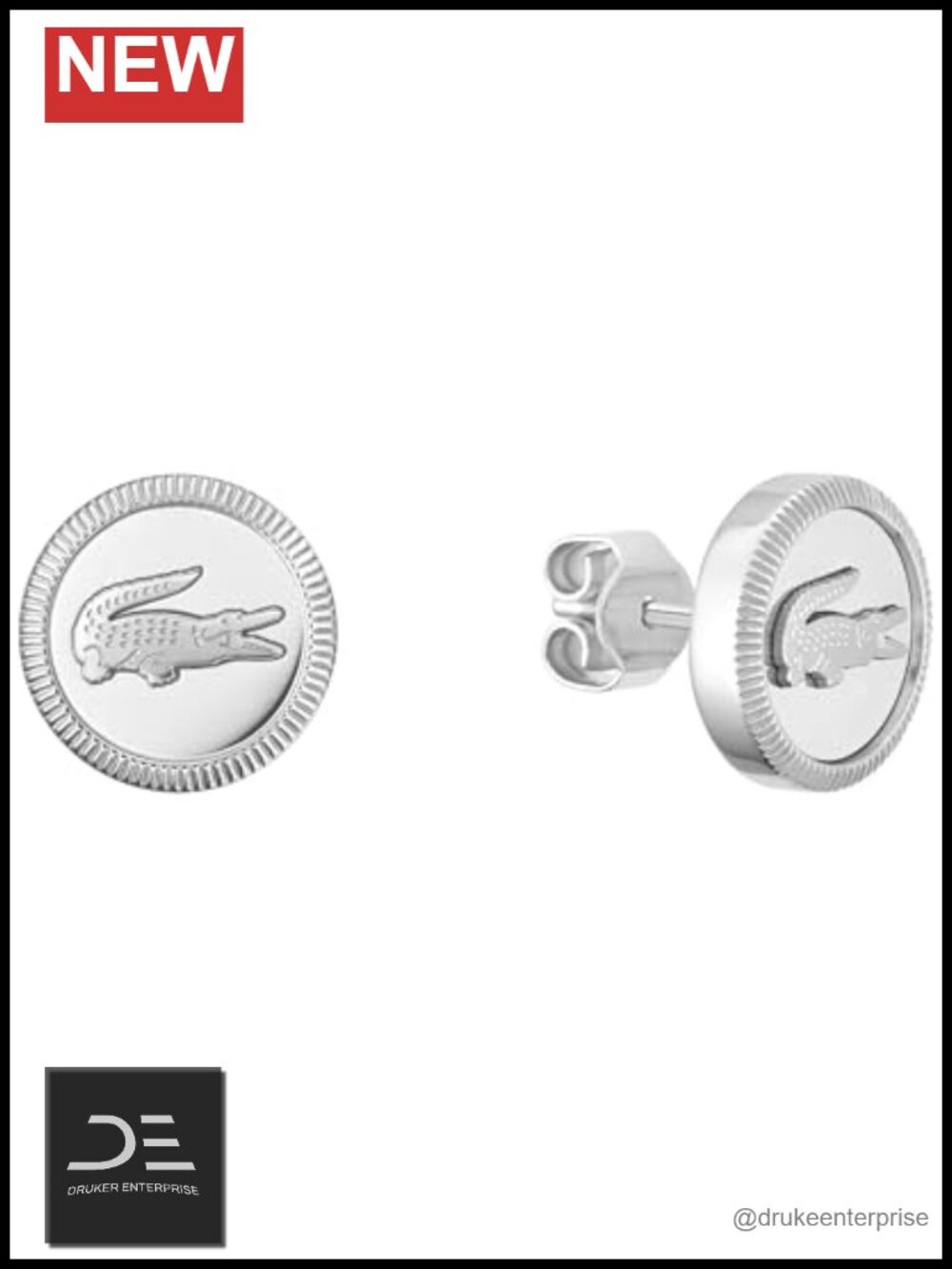 Lacoste Memento Stud Earrings Stainless Steel 10mm Iconic Crocodile Jewelry